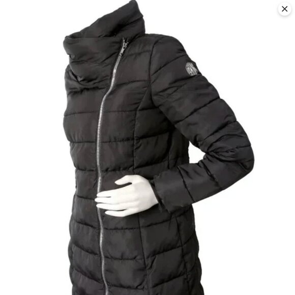 DKNY Asymmetrical Puffer Jacket Packable Winter Coat Hooded Black Pillow Collar - Picture 4 of 16